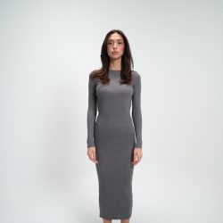 Gri Triko Kayık Yaka Biyeli Elbise