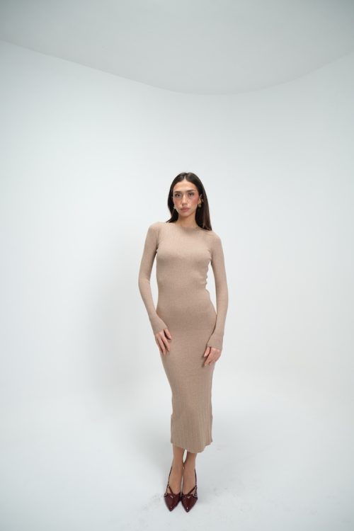 Camel Triko Kayık Yaka Biyeli Elbise Camel Triko Kayık Yaka Biyeli Elbise