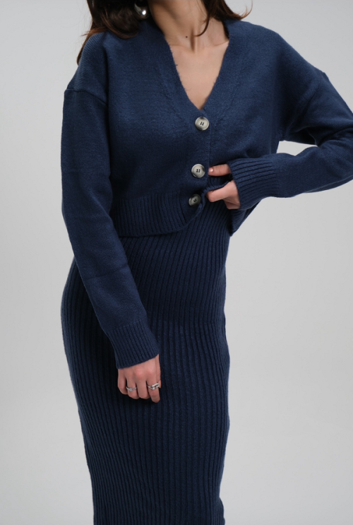 Fitilli Elbise Hırkalı Takım (İndigo Mavi) Fitilli Elbise Hırkalı Takım (İndigo Mavi)